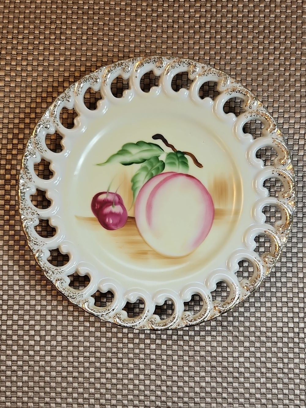 Relco Japan Plate Hand Painted Porcelain Fruit Motif Open Lace Edge Gilt Vintage